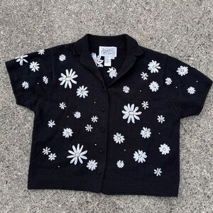Elana Carello Black Crochet Short Sleeve Cardigan White Daisy Embroidery Size M